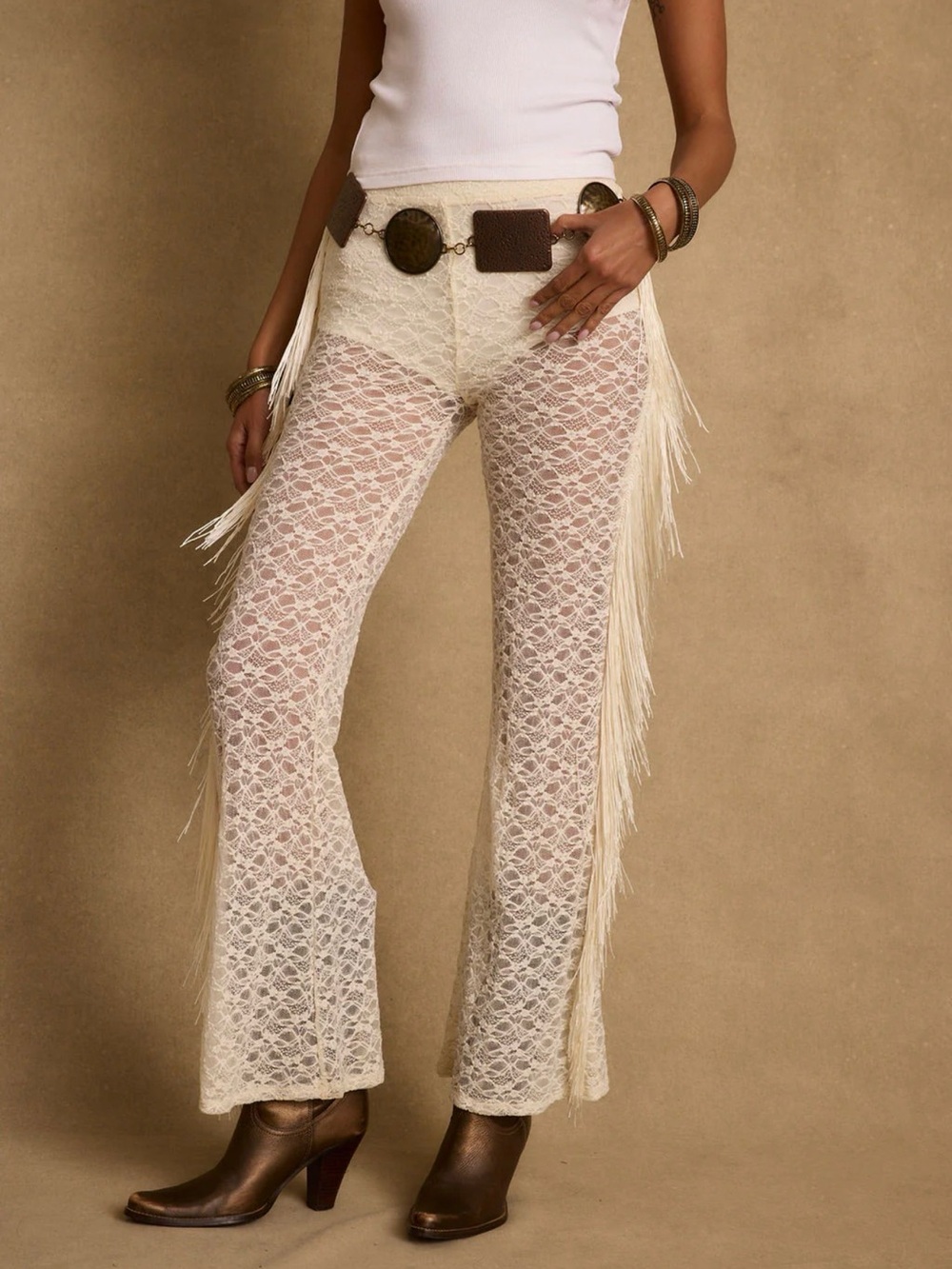 12th Tribe White Crochet Fringe Wide Leg Pants - Picture 2 of 4